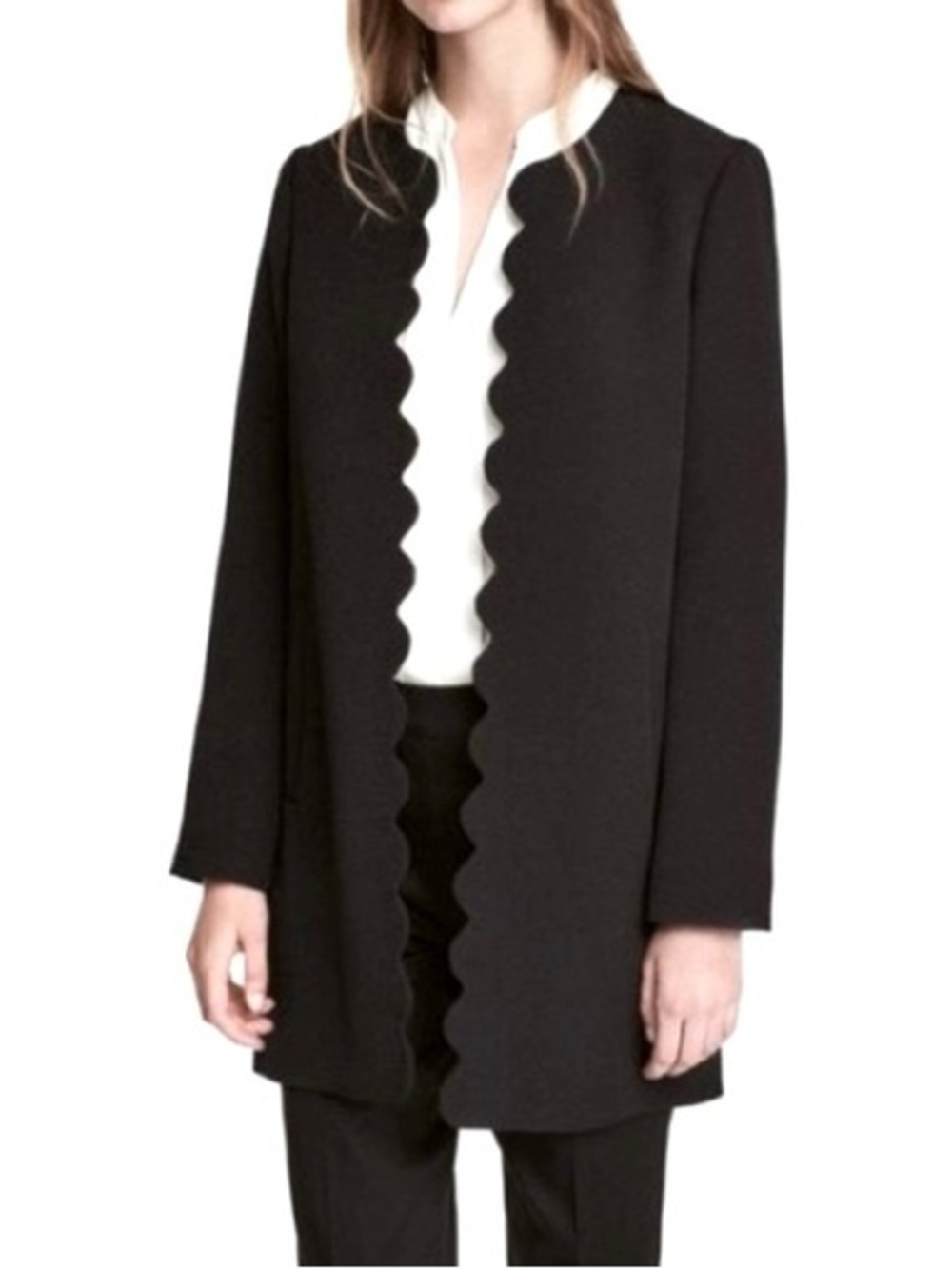 H&M Black Scallop-Edge Open Front Coat